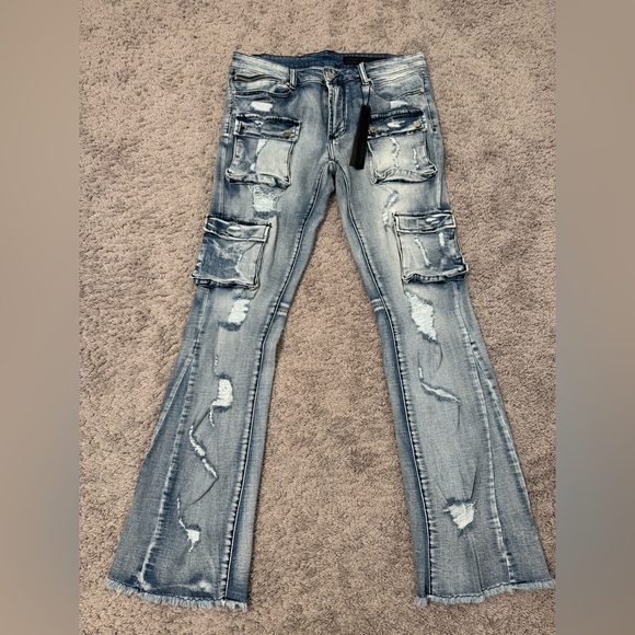 Rockstar Original Men’s Distressed Stacked Blue Cargo Jeans; Never Worn - Picture 1 of 4
